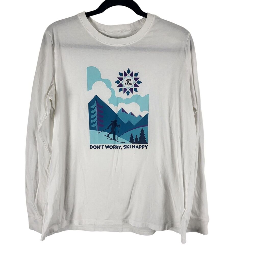 Life Is Good Long Sleeve Top XL Womens SKI Happy Crew Neck White Pullover Cotton